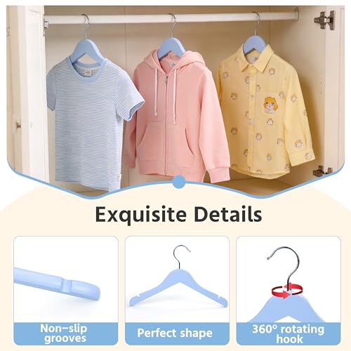 Woodar Rainbow Natural Kids Children Baby Wood Wooden Clothes Dress Shirt Hangers - 360°Stronger Flexible Hook- Extra Smoothly Cut Notches, 10 Pack (Blue) — view 4