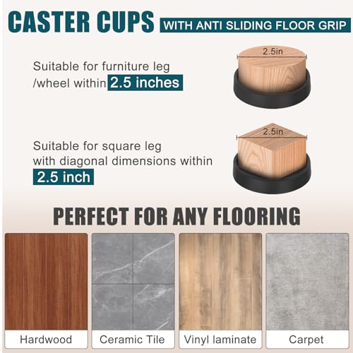 Furniture Coasters, 4 PCS Rubber Caster Cups 2.5\" Non Slip Furniture Cups, Non Skid Furniture Leg Coasters Furniture Pads Hardwood Floors Protectors for Sofa Bed Couch Chair Leg - Thumbnail 2