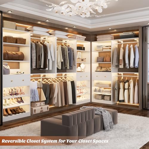 [10 FT Closet System] Reversible Set of 2 Wood Closet Organizer System with 2 Drawers, 4 Hanging Rods Adjustable Shelf, Walk In Closet Organizers with Shoe Rack, Garment Rack Clothes Rack, White - Thumbnail 2