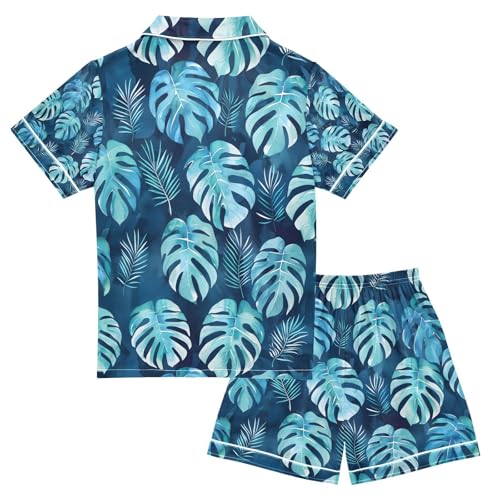 senya Watercolor Monstera Satin Summer Pajama Sets Silk Short Sleeve Button Down Sleepwear2