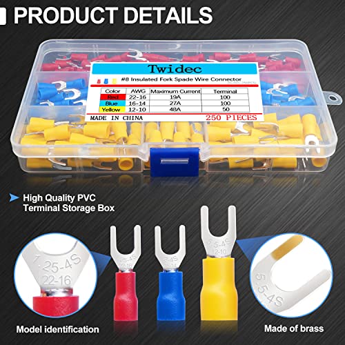 Twidec CA-N-021-250PCS Insulated Fork Spade Wire Connector 22-16/16-14/12-10 Gauge #8 Quick Splice Crimp U-Type Terminal Connectors Assortment Kit thumb #3