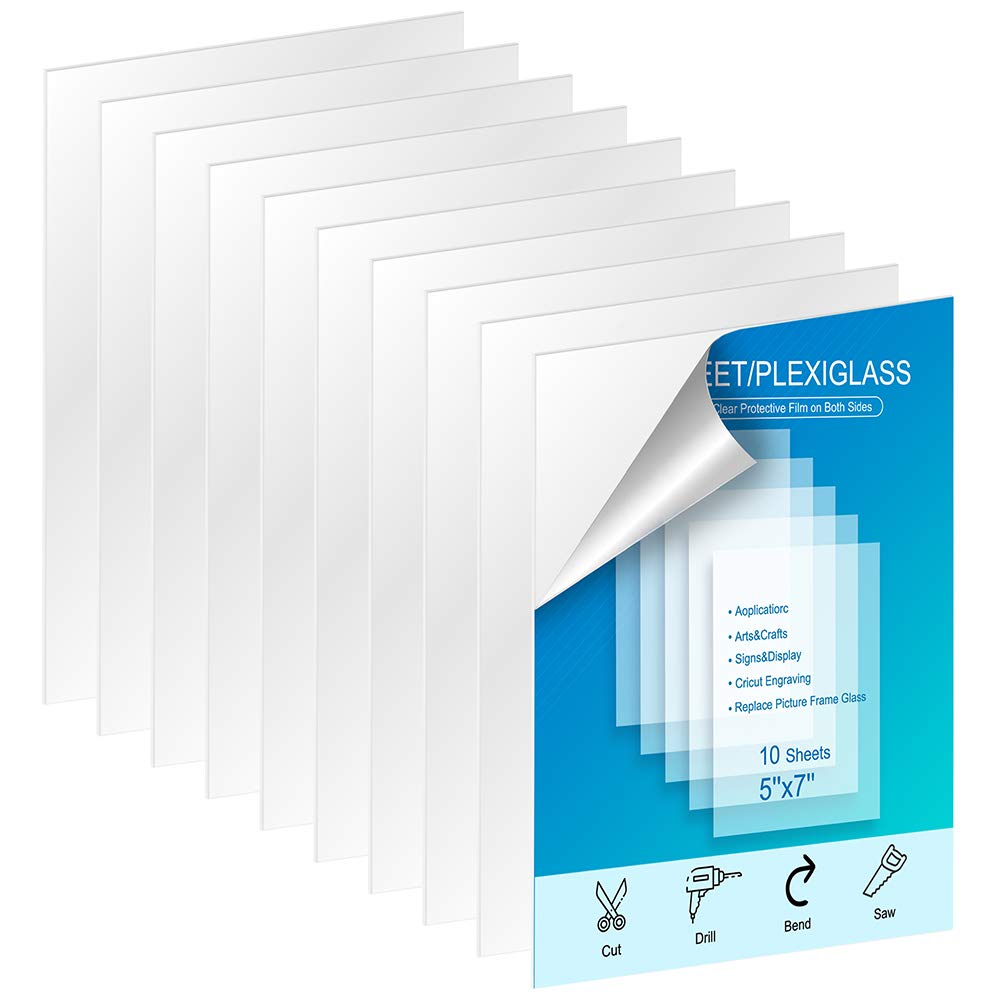 KOODER 10 Pack of 5x7” Transparent Acrylic Sheet/PETG Sheet 0.040” Thick; Use for Crafting Projects, Picture Frames, Cricut and More; DIY Projects Picture Frame Glass Replacement Signs and Painting