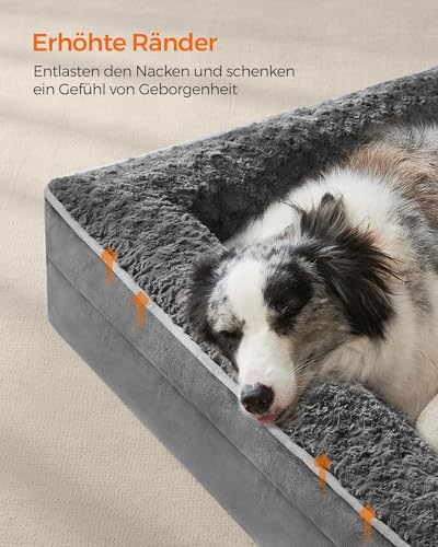 Feandrea Orthopädisches Hundebett für große Hunde, wasserdichtes Hundesofa mit abnehmbarem Plüsch-Bezug, 106 x 76 x 16 cm, schiefergrau PGW253G02