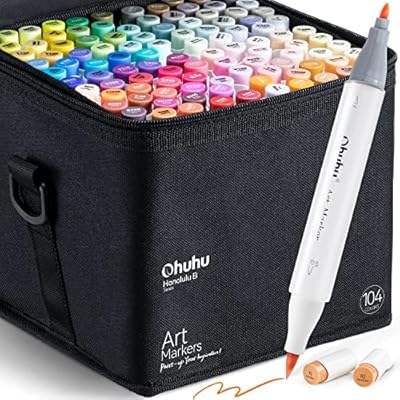 Ohuhu Alcohol Markers Brush Tip- 104-color Double Tipped Alcohol Based Marker Set for Artists Adults Coloring Illustration- Honolulu B of Ohuhu Markers- Dual Tip Brush & Fine- Refillable   