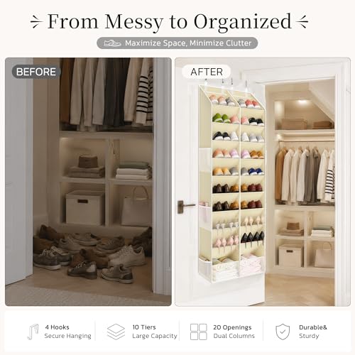 Criusia Over the Door Shoe Organizer, 20-30 Pairs Heavy-Duty Hanging Shoe Storage with Large Pockets, 10-Tier Door Shoe Rack with 4 Hooks for Sneakers Sandals Heels Boots (Beige) by Criusia - Used condition - US$37.99