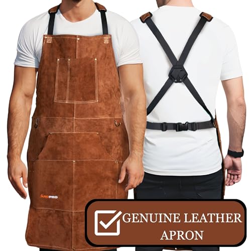100% Genuine leather welding apron, premium welding protective gear, brown leather work aprons for men, perfect for blacksmithing and workshop accessories. Durable, heat-resistant and stylish design