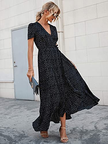 Prettygarden Women's Summer Wrap Maxi Dress Casual Boho Floral V Neck Short Sleeve Ruffle Hem Split Beach Long Dresses (Black Polka Dot,X-Large) #TOP2