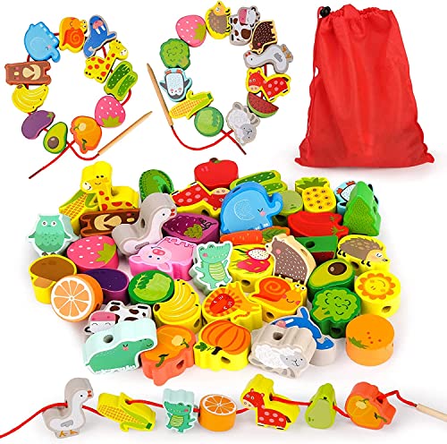 Perlen Fädelspiel, 42 STK Holzperlen zum Auffädeln Holzspielzeug...