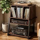 Homieasy Record Player Stand with Vinyl Storage Cabinet, 22' Record Player Table Up to 200 Albums, Large Wood Turntable Stand with Record Album Holder with Charging Station & LED Light, Espresso