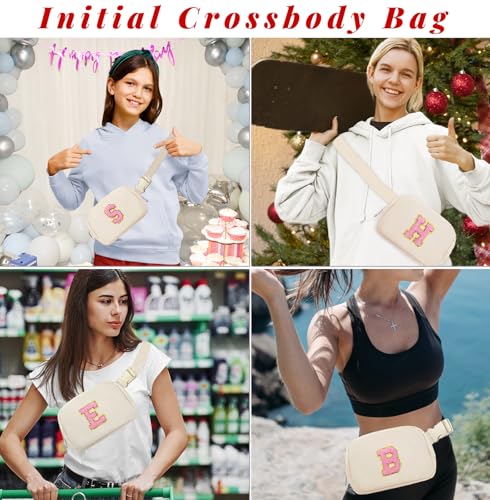 Image of COSHAYSOO Valentines Birthday Initial Gifts for Women Teen Girls 5 6 7 8 9 10 11 12 13 14 Year Old Ivory Fanny Pack for Girls Belt Bag Crossbody Travel Purse Unique Trendy Cute Stuff Chenille Letter S