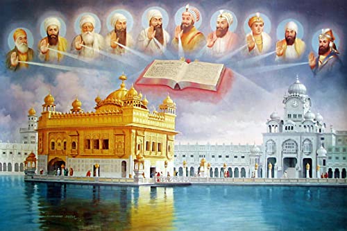 Spiritual Imagine Mart Ten Sikh Guru Giving Blessing Guru Garnth Sahib Of Above From Golden Temple 12x18 Inch Poster