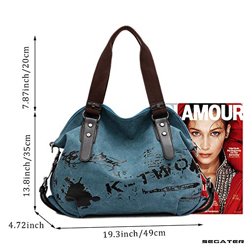 Bolso de hombro vintage para mujer en lona azul miniatura 3