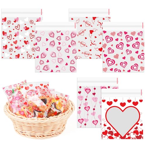 SULOLI Kekstüten Valentinstag,120 Stück Herz Cellophantüten Valentinstag,Rot Selbstklebend Plätzchentüten für Gebäck Keks Cookies