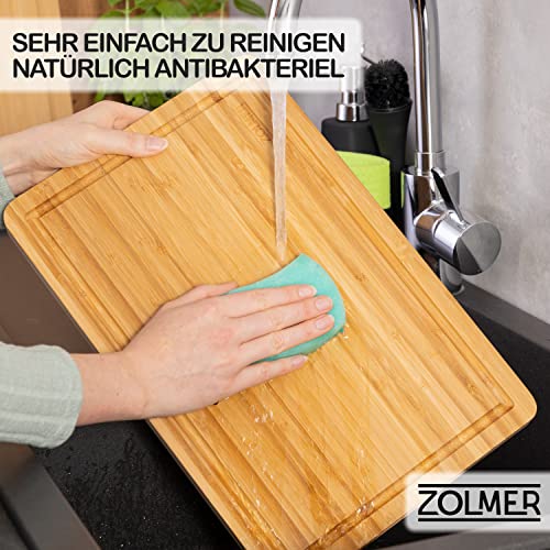 Foto von ZOLMER® Profi Bambus Schneidebrett [38x25cm] I Massives & Großes Holzbrett mit praktischer Saftrille & Griffmulden I Beidseitiges Holzschneidebrett für die Küche I Premium Schneidebrett Holz