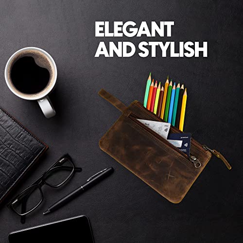 Leathercon Flat Genuine Leather Pencil Case For Classic Leather Pencil Pouch For Artists & Makeup Tools. Zipper Closure Leather Pencil Bag For College & Office Rustic Brown… #TOP5
