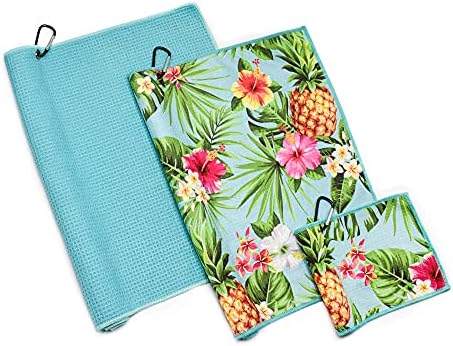 Playing It Forward Golf Towel with Clip for Golf Bags for Men & Women, Pineapple Tropical Floral with Blue Solid, 2 Microfiber Towel & 1 Ball Towel, Set of 3, Super Absorbent, Quick Dry