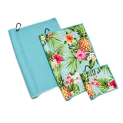 Playing It Forward Golf Towel With Clip For Golf Bags For Men & Women, Pineapple Tropical Floral With Blue Solid, 2 Microfiber Towel & 1 Ball Towel, Set Of 3, Super Absorbent, Quick Dry #TOP2