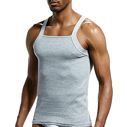 Zhiweikm Men's G-Unit Style Square Cut Tank Tops Cotton Comfort Stretch Workout Vest Wife Beater (Grey, M)