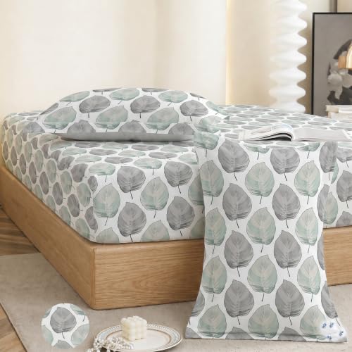 Image of IVAZA Ezyption Cotton Super Soft 240 TC Elastic Fitted All Around Elastic Printed King Size Double Bed Bedsheet with 2 Pillow Cover 72 inch X 78 inch3 Grey Leaf