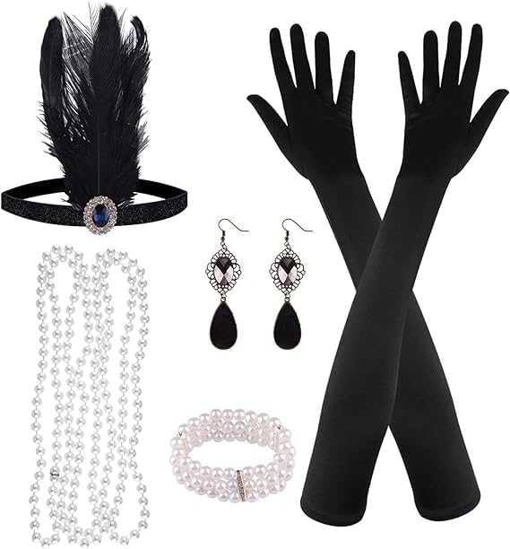 YHRY 6 Pieces 1920s Flapper Great Gatsby Accessories Set, Fashion Roaring 20’s Theme Set with Headband Headpiece Long Black Gloves Necklace Earrings for Women