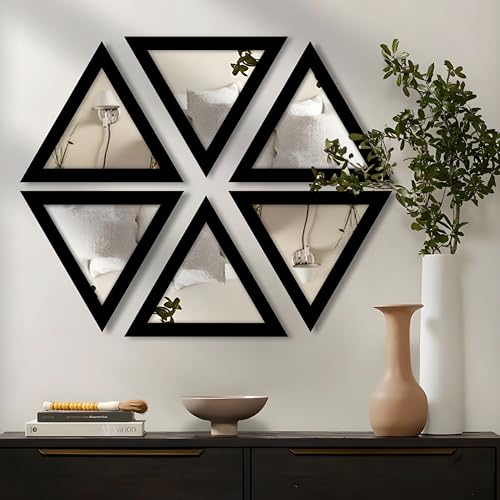 Image of Art Street Acrylic Triangle Decorative Wall Mirror Set of 6 Triangle Shape Mirror for Home Decoration, (9x9 Inch, Black)