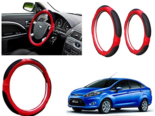 Image of Microfiber Car Steering Wheel Cover, Soft Padding Great Hand Feel, Anti-Slip, Faux Leather Steering Cover for Ford Fiesta New | Black Red Jali - Pack of 1