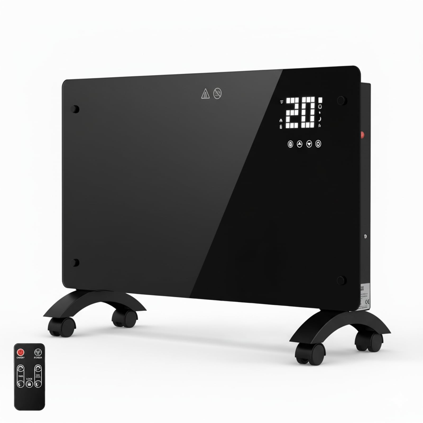 YOEVU Emisor Térmico de Cristal 2500W con Pantalla LCD Táctil, Control Remoto, Ruedas y Soporte de Pared, Calefacción Eficiente y Versátil para el Hogar, Negro