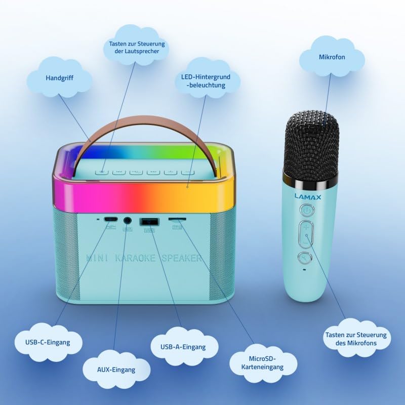 LAMAX KaraokeKid1 Blue, przenośny głośnik dziecięcy z trybem karaoke i mikrofonem do karaoke ze zmieniaczem głosu. Do słuchania i rozrywki, wzornictwo dla dzieci, Bluetooth 5.3, podświetlenie LED