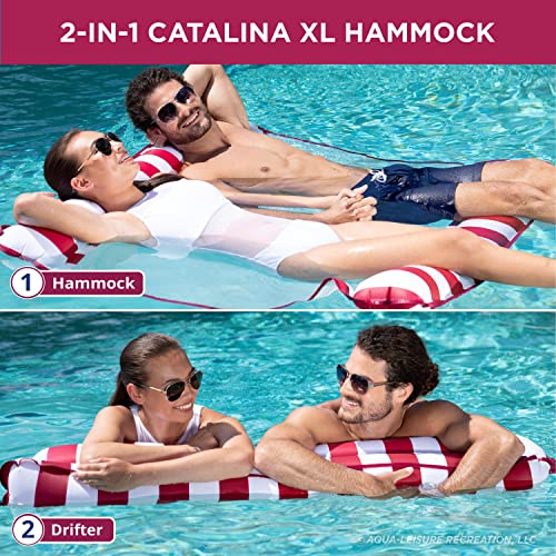 Image of Aqua 2-in-1 Catalina XL Pool Float & Hammock - 1-2 Person, Multi-Purpose, Inflatable Pool Floats for Adults - Burgundy /White Stripe