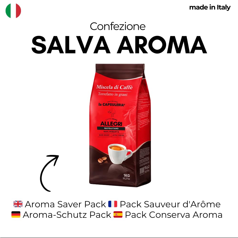 CAFÉ EN GRANO ALLEGRI NAPOLETANO (6 kg) - 100% Robusta | Pack 6 kg (6 x 1 kg) | Café en grano 100% Robusta, tostado en Italia, fuerte, intenso y con cuerpo