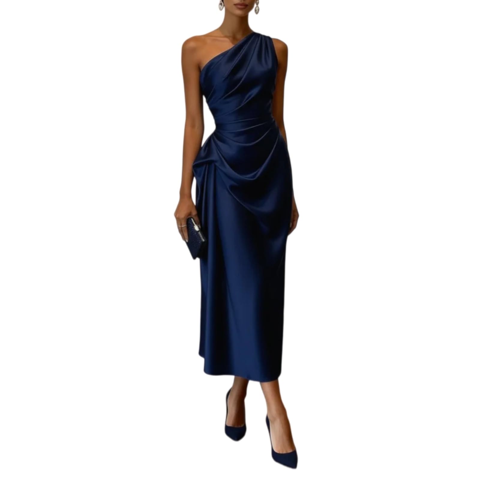 Abito Donna Elegante da Festa in Raso A Una Spalla - Midi Senza Maniche con Vita Stretched, Serale-Red-XL