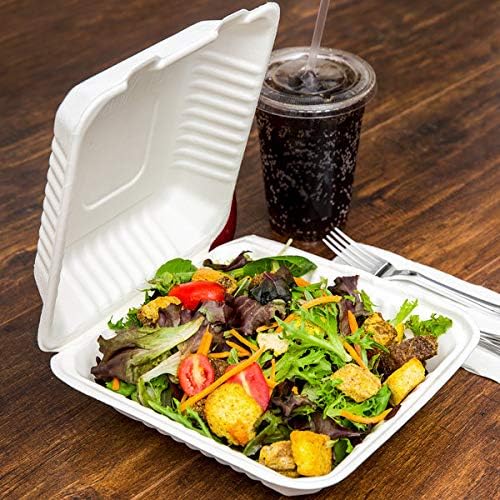 HOT BARGAINS 200 X Bagasse Meal Box 9 Inch Clamshell Takeaway Container Clean White Size (230x230x50mm/9x9'') Large Size For meal, take away, restaurant, part, holidays, outdoor party