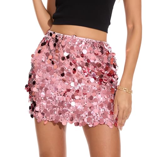 WERFORU Sequin Skirt Women Stretchy Sparkly Glitter Shiny Mini Skirt for Party Rose Pink