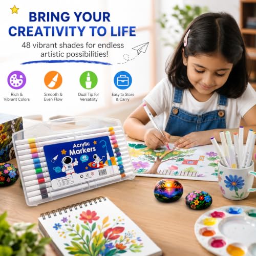 Image of Professional Acrylic Paint Markers Set, 48 Vibrant Colours, Brush Tip, Water-Based, Non-Toxic, for Rock Painting, Canvas, Glass, Wood, School Projects, with Portable Storage Case