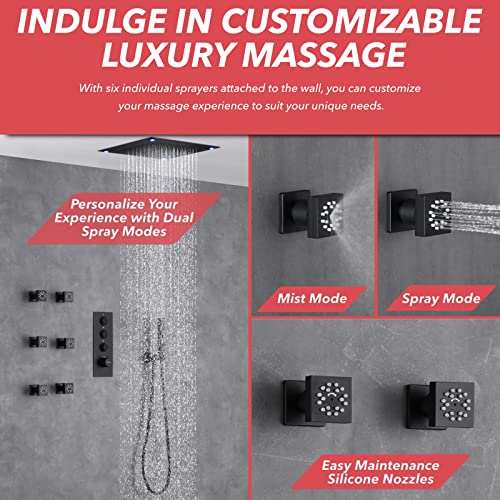 Vanfoxle Shower Faucet Set Matte Black Temperature Shower System, Push Button Diverter Shower Faucet With 16 Inch Ceiling Led Rain Showerhead, 6 Pcs Two Modes Body Jets With 2 In 1 Handheld #TOP2