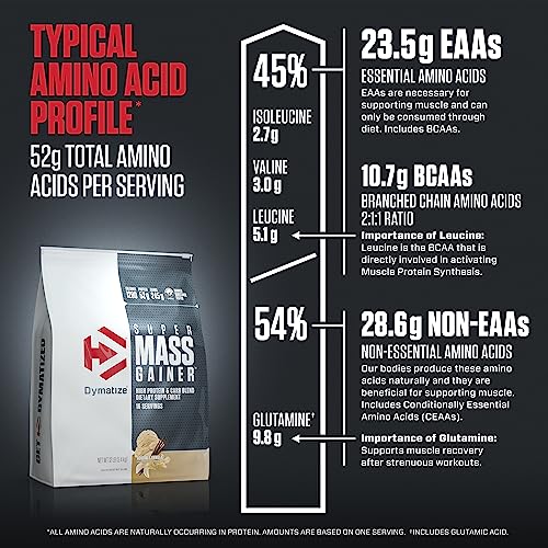 Image of Dymatize Super Mass Gainer Protein Powder, Gourmet Vanilla, 52g Protein, 1g Creatine, 1280 Calories, 10.7g BCAAs, 245g Carbs, Contains Whey Protein, Isolate, and Casein (16 Servings)