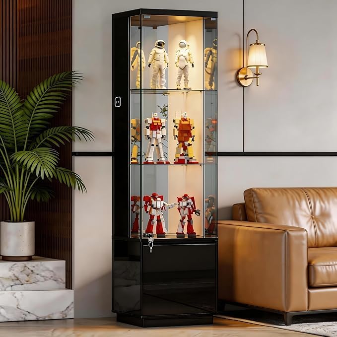 Gurexl Glass Display Cabinets with Human Sensor 3 Color Lights,Display Cabinets with Glass Doors and Adjustable Shelves,65 ” Wine Cabinet with 1 Cupboard for Living Rooms,Bedrooms,Bar,Black