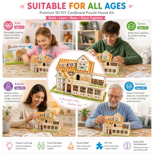 Image of Premimum 3D DIY House Puzzle Kit for Kids | Build & Assemble Model Craft Set | Creative Construction Toy for Skill Development, Educational & Imaginative Play Friendly Cardboard Puzzle Houses