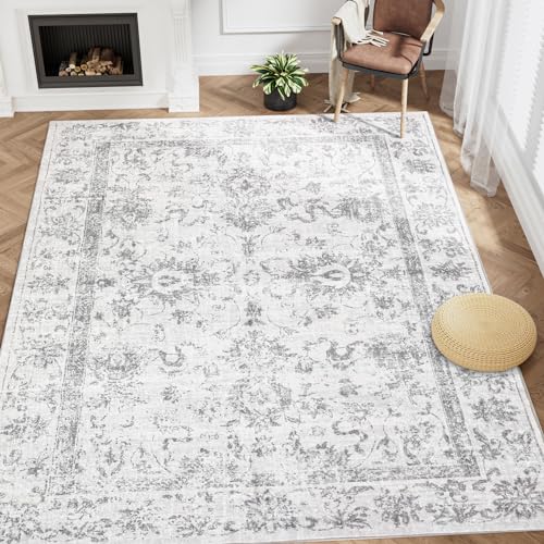 5x7 Washable Neutral Area Rug Beige Vintage Living Room Bedroom Carpet Non-Slip Soft Low Pile Floral Indoor Throw Rug for Dining Room Entryway Office 5' x 7' (Rectangular) Beige