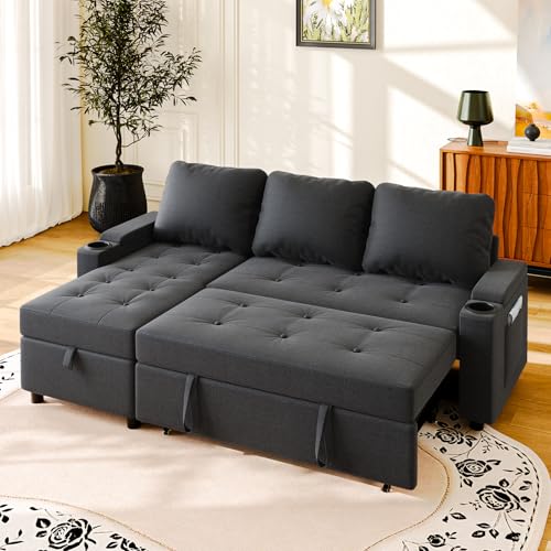 JUMMICO Canapé Convertible, Canapé d'angle, Canape 3 Places，Convertible avec Rangement，Bureau et Petit Appartement, Canapé Lit avec Accoudoirs Multifonctionnel pour Salon,Gris