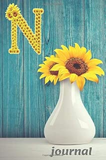 N: Monogram Sunflower Personalized Initial Letter N Blank Lined Notebook, Journal and Diary With a Rustic Blue Wood Background.