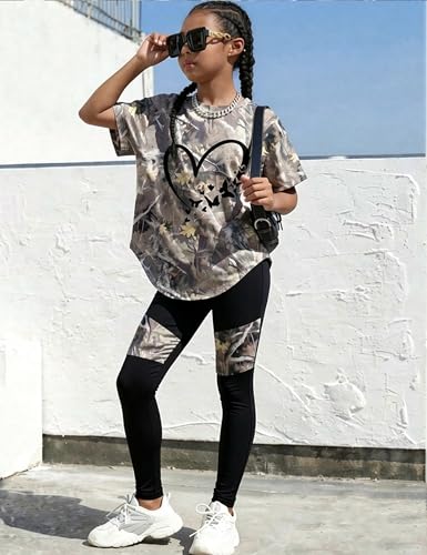 Image of Girls 2 Piece Outfits Kids Clothes Pants Sets Print Short Sleeve Top Leggings Spring Summer Tracksuit 4-13Y