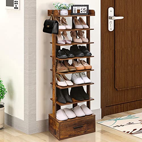 Usikey Large Vertical Shoe Rack, 8 Tiers Wooden Shoes Racks With Bottom Drawer, Top Storage & 2 Hooks, Double Shoes Storage, Modern Shoe Rack Organizer, Shoe Tower For Entryway, Hallway, Rustic Brown #TOP21
