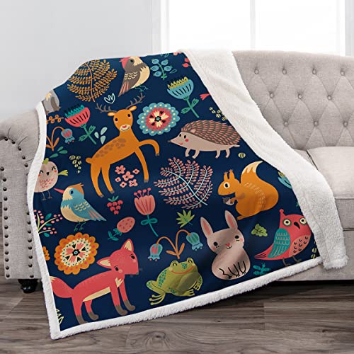 Jekeno Cartoon Forest Animals Sherpa Blanket Soft Warm Deer Rabbit Owl Fox Print Throw Blanket For Kids Adults Gift Sofa Chair Bed Office 50"X60" #TOP17