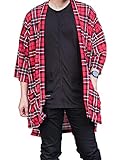 Men's Oversized Plaid Kimono Cardigan Tartan Noragi Jacket Light Flannel Top (Red)