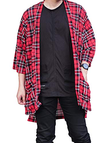 Men's Oversized Plaid Kimono Cardigan Tartan Noragi Jacket Light Flannel Top (Red)