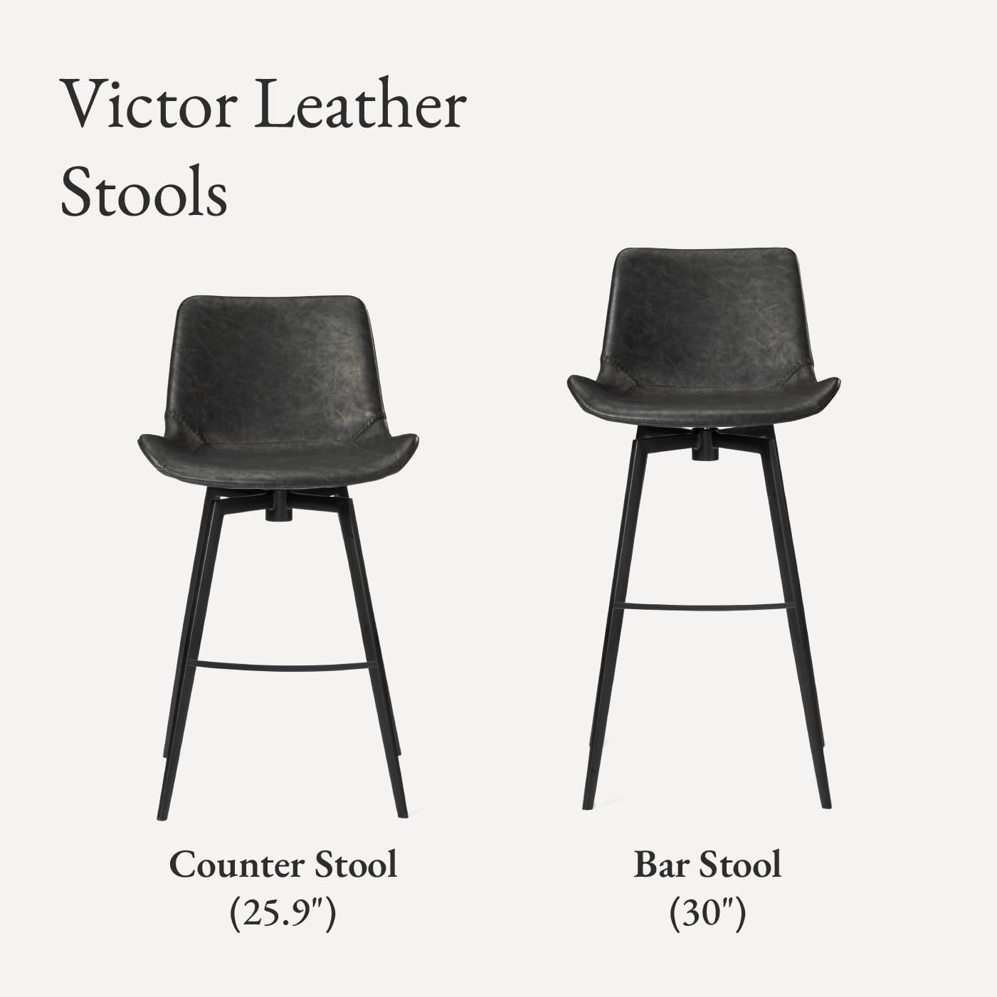 Maven Lane Victor Counter Stool – 26 Inches – Swivel Stool with Footrest – Black Metal Frame & Dark Grey Faux Leather Upholstery – Perfect for Kitchen Island & Counters