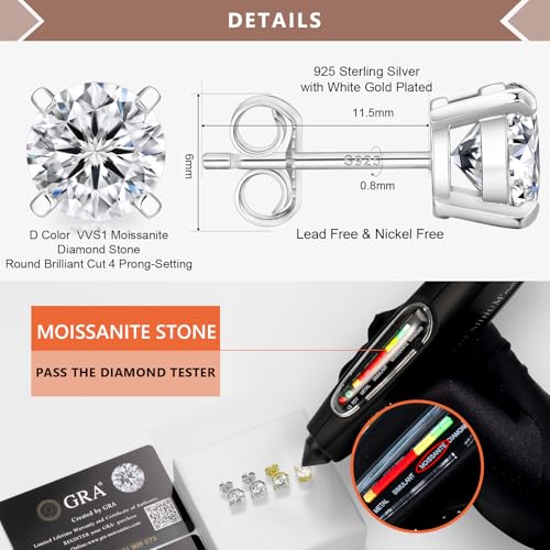 KRKC&CO Lab Grown Moissanite Earrings for Women, Birthday Wedding Gift for Her, 0.6-3.0 ct.tw, D Color VVS1, Hypoallergenic 925 Vermeil Sterling Silver 14K Gold Plated Studs, GRA, Jewelry for Mother's Day, Anniversary3