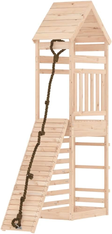 Natural Pine Wood Outdoor Playhouse for Kids, Large Durable Play Tower with Climbing Wall, Solid Construction, 68.9x21.7x104.3 Inches