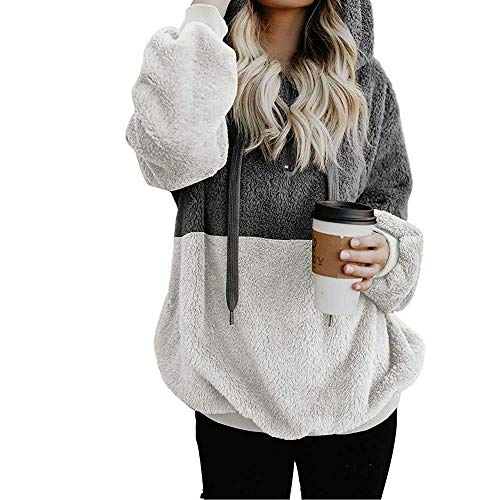 Sherpa Pullover, Women Drawstring Colorblock Sherpa Fuzzy Pullover Sweatshirt Fuzzy Loose Hoodie (Dark Grey,L)